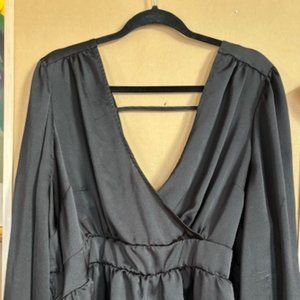 Satin Surplice Tie Cut Out Back Long Sleeve Blouse